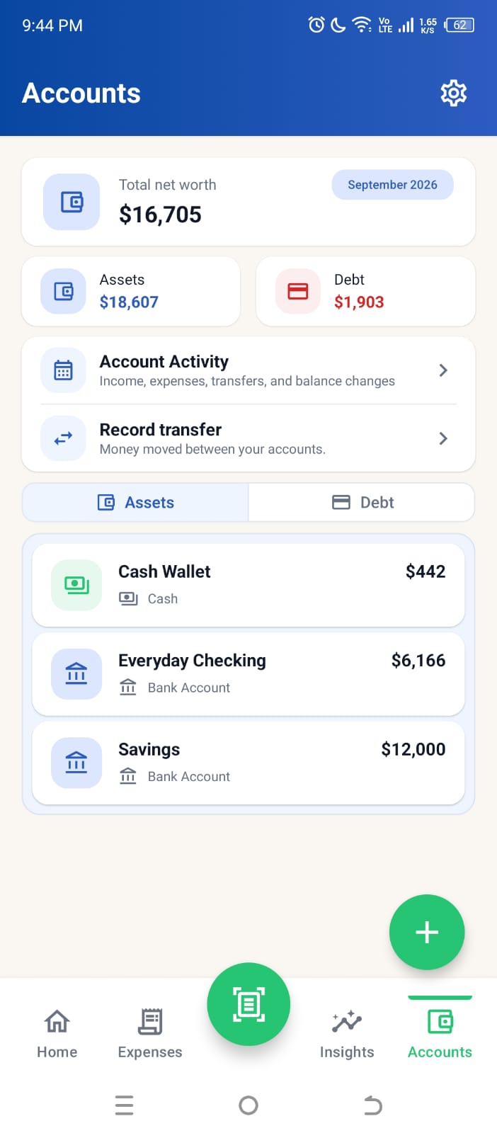 Higxel accounts screen with sample cash, bank and card balances