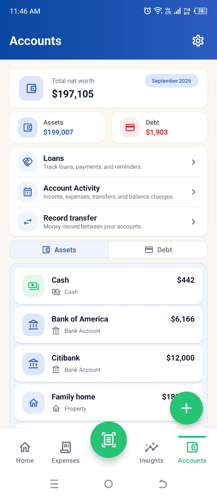 Current Higxel Accounts screen showing the Loans entry alongside account activity, transfers, assets, debt, and net worth using sample data