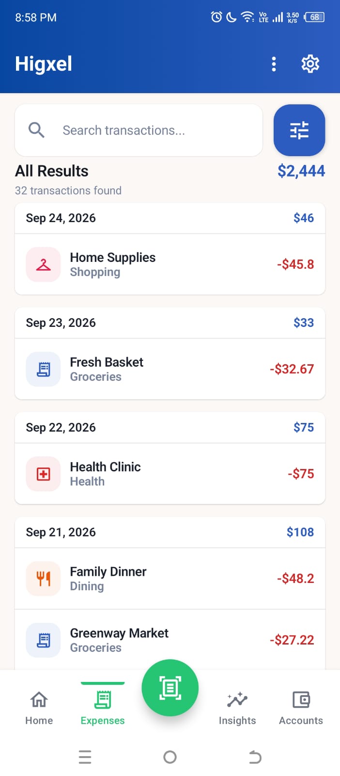 Current Higxel expense history showing sample expenses organized by date with search and filter controls