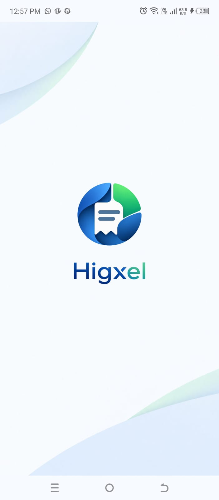 Current Higxel splash screen with the blue and green receipt logo