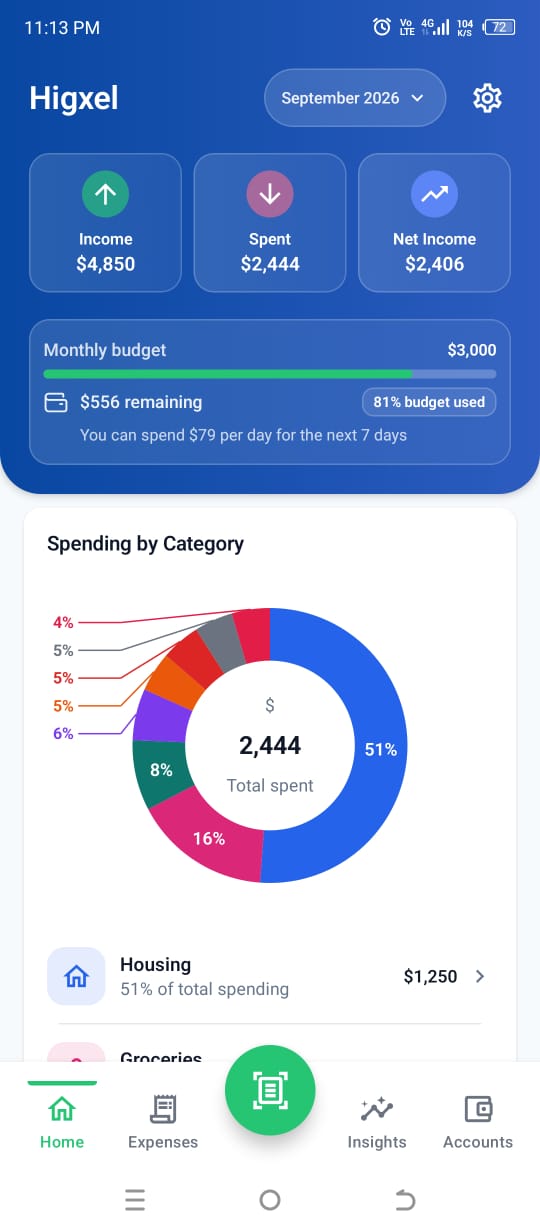 Current Higxel Home screen showing monthly budget and spending broken down by category