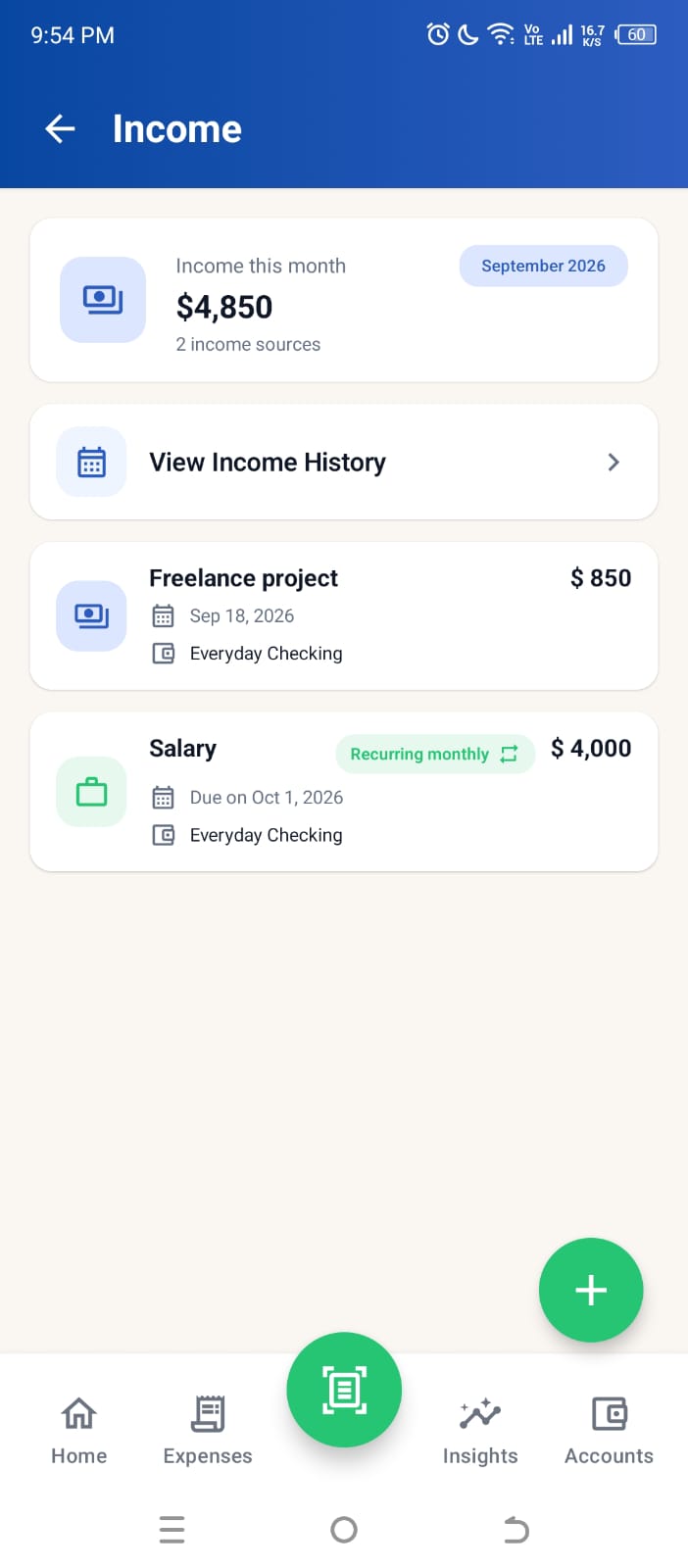 Current Higxel Income screen showing sample monthly income and separate income sources
