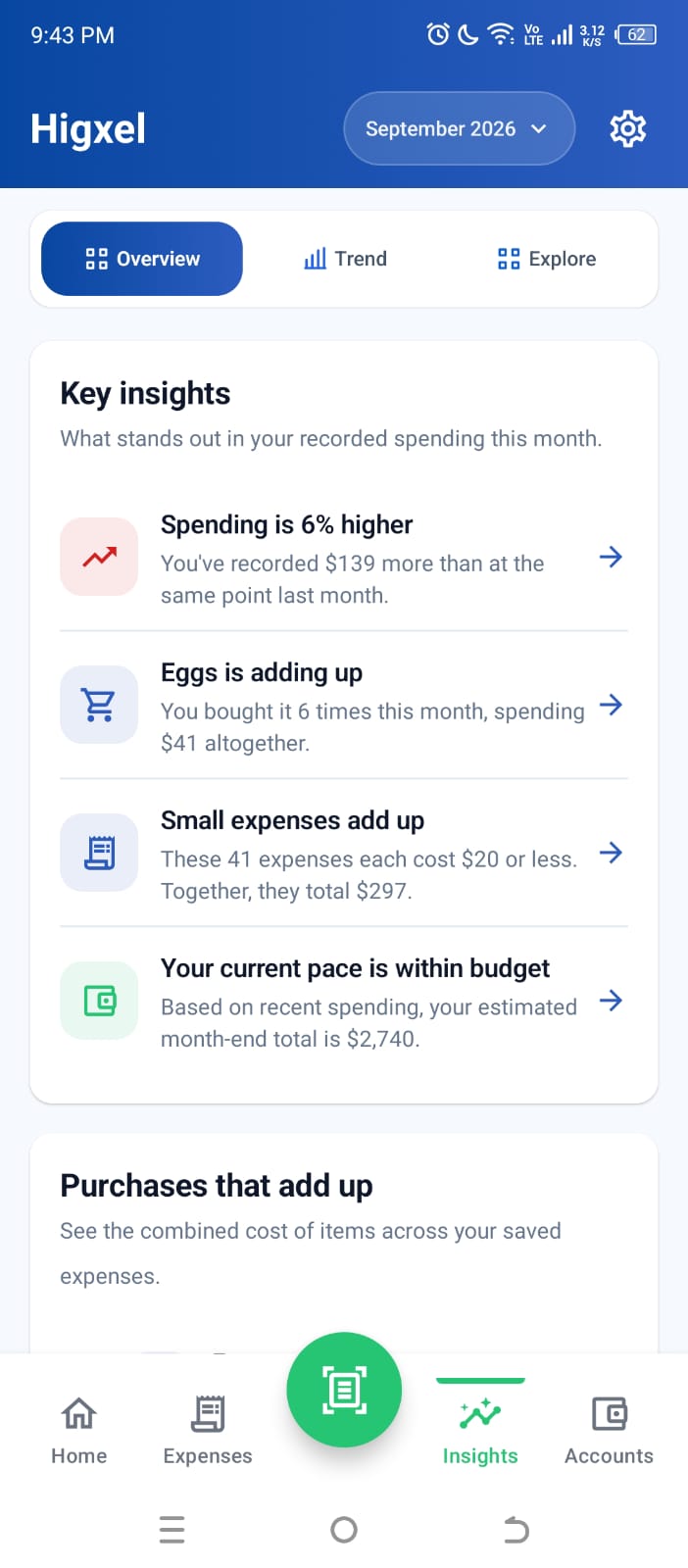 Higxel Insights showing monthly spending changes, repeated purchases, small expenses, and budget pace using sample data
