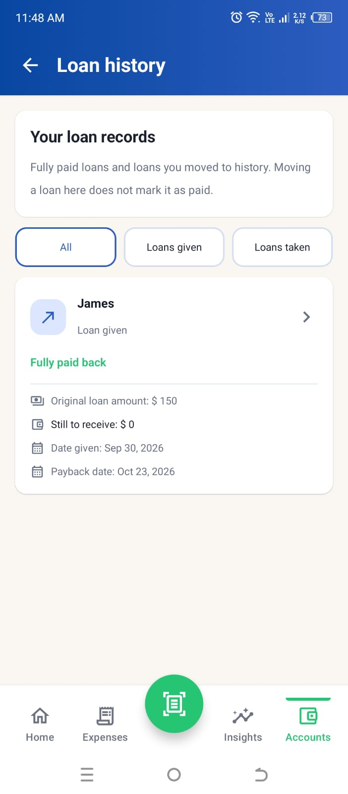 Sample Higxel Loan history screen showing a fully paid loan, its original amount, remaining balance, date given, and payback date