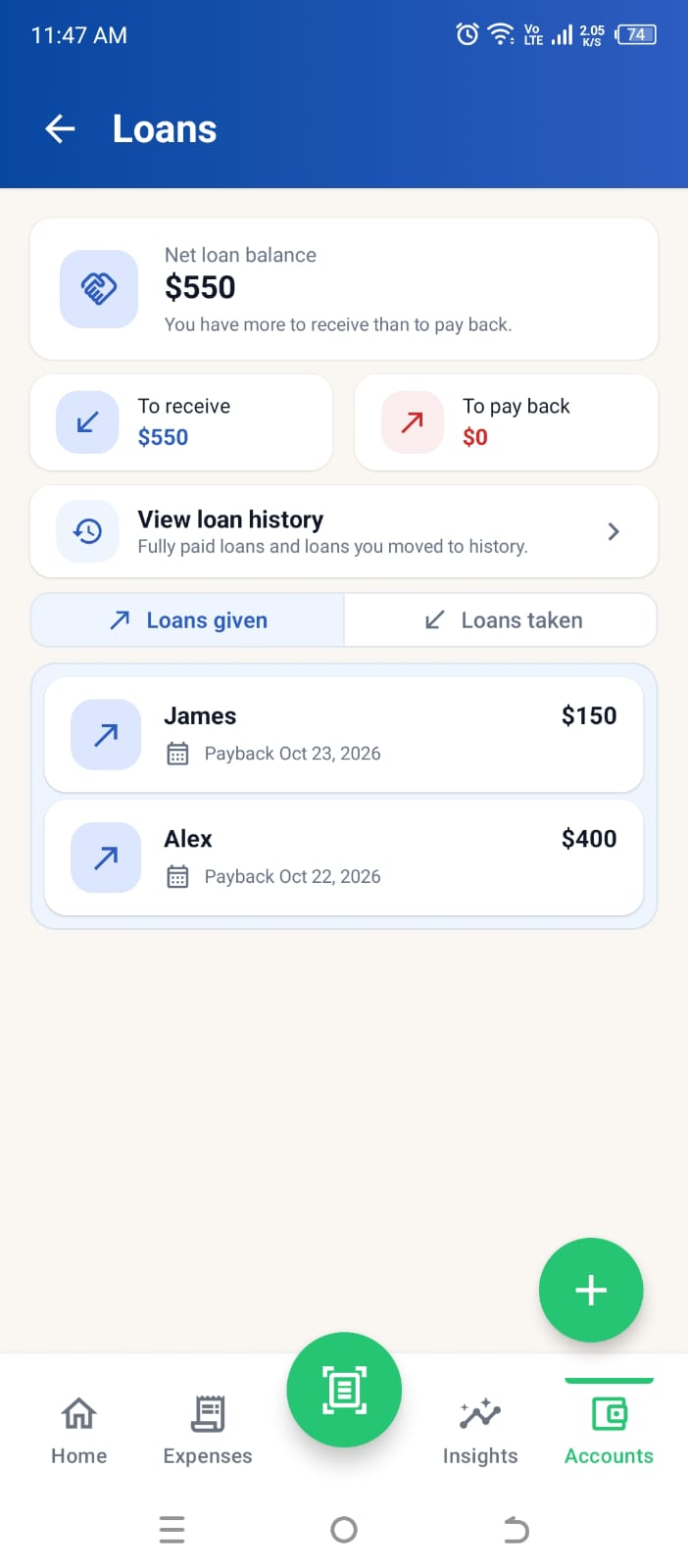 Sample Higxel Loans overview with a $550 net loan balance, $550 to receive, $0 to pay back, a loan history link, and loans given to two people