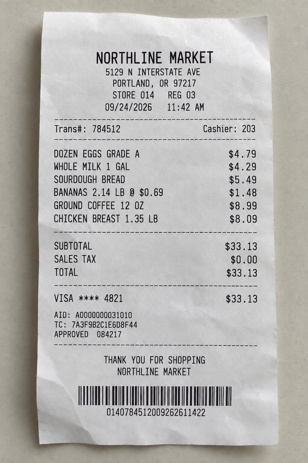Sample Northline Market grocery receipt with six items, date, tax, and total