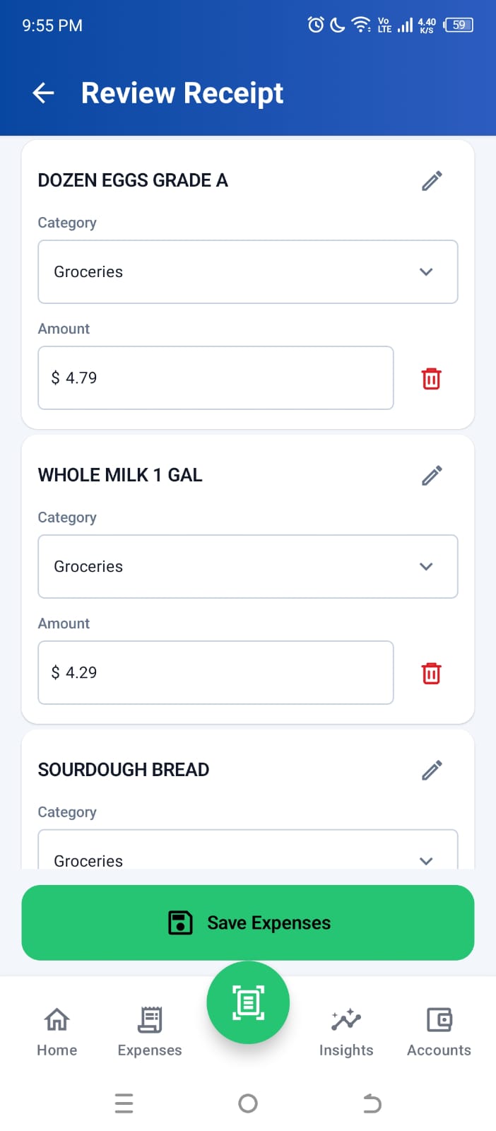 Current Higxel receipt review with editable item names, categories, and amounts