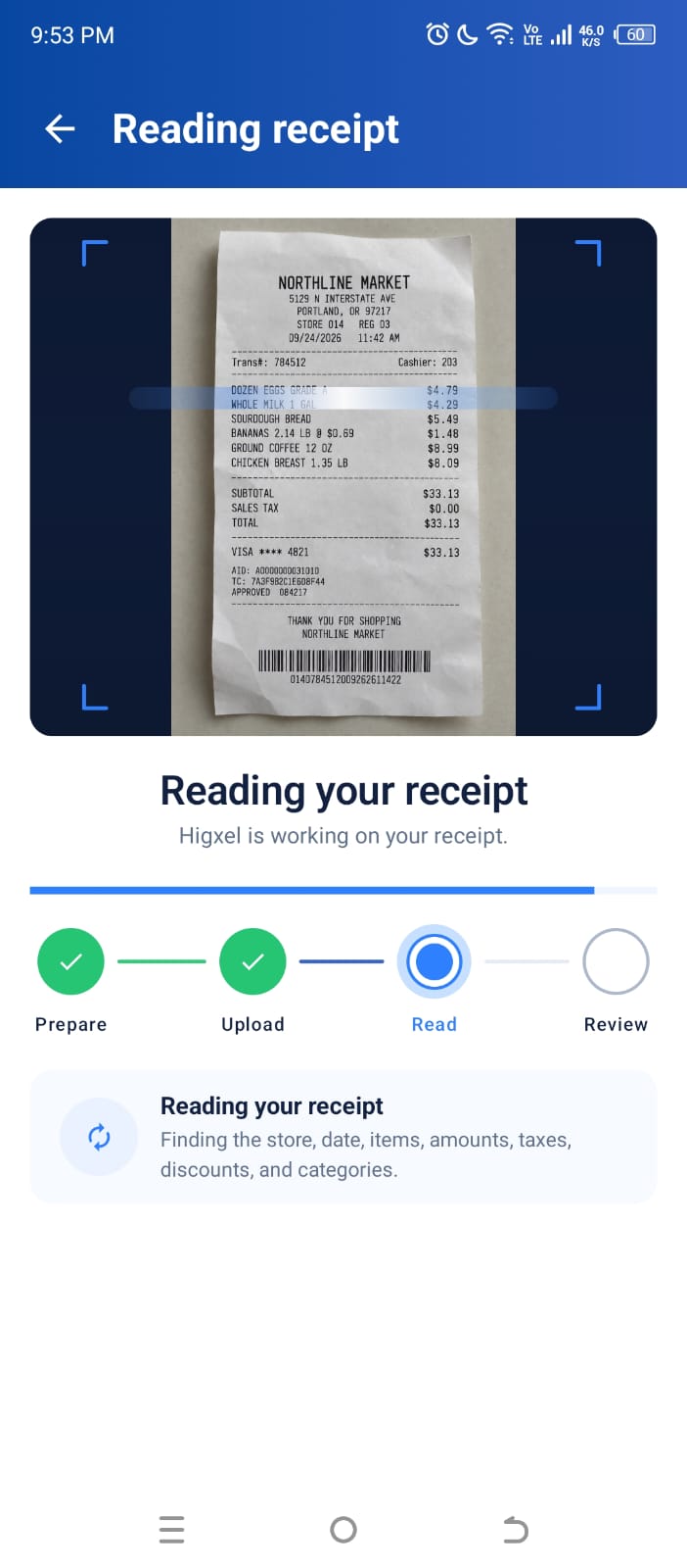Current Higxel receipt-reading screen showing a sample grocery receipt and progress toward review