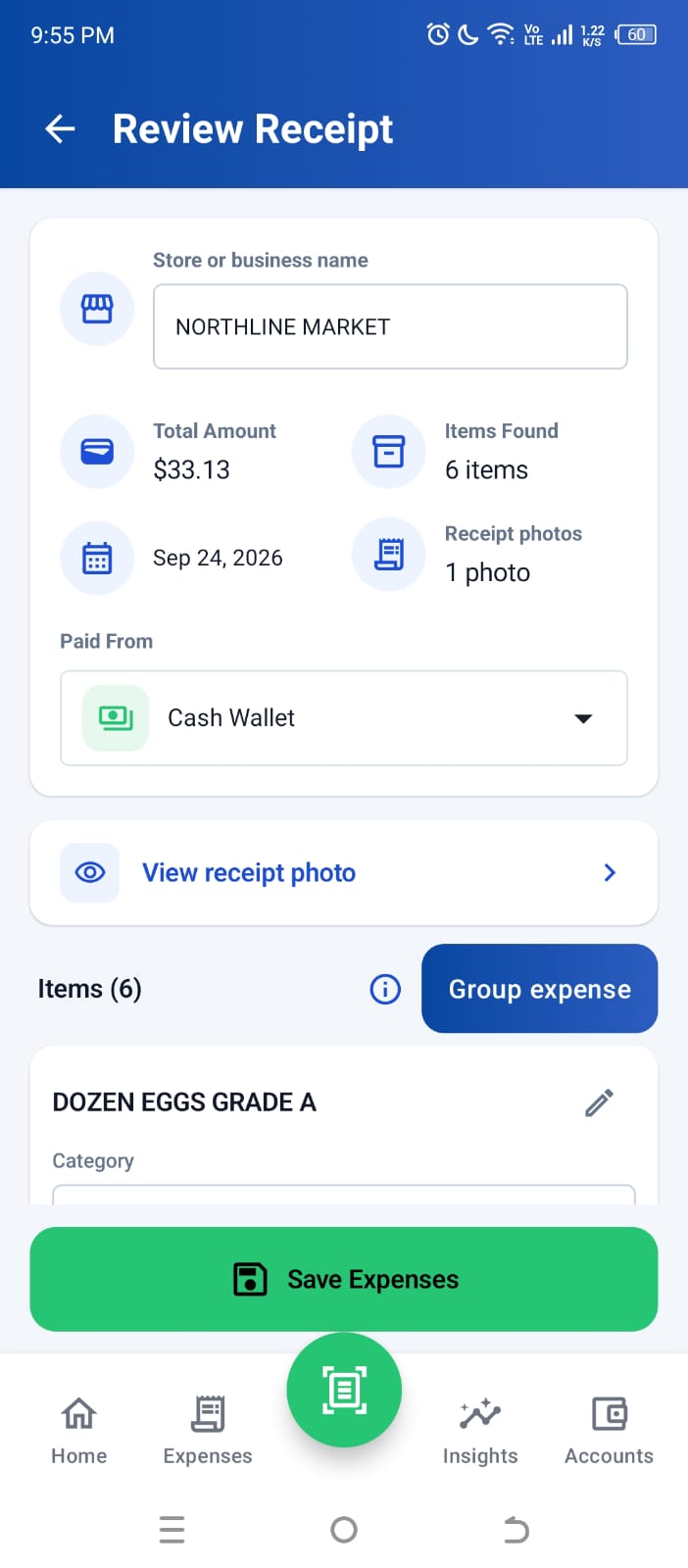 Current Higxel receipt review with merchant, date, total, items found, receipt photo, and payment account fields