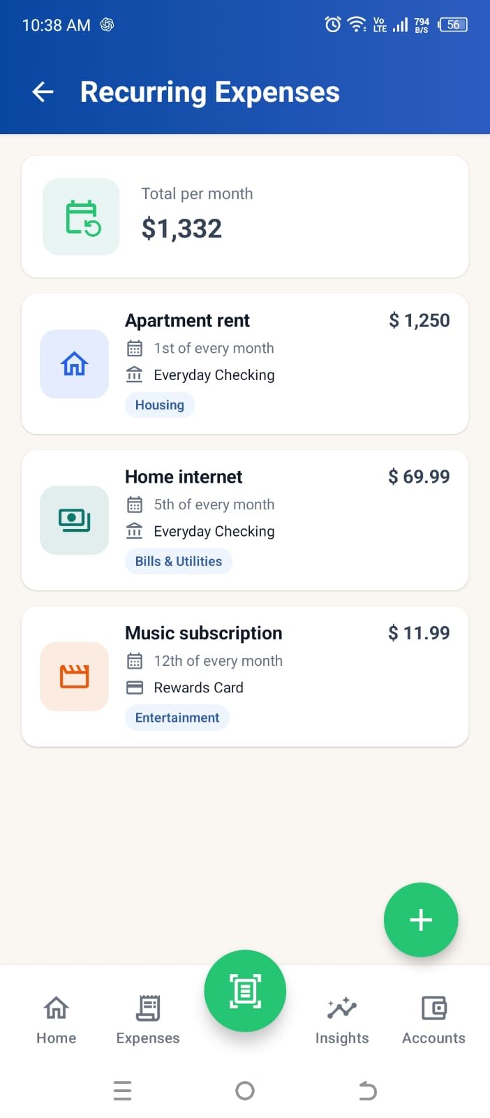 Higxel Recurring Expenses screen showing a sample monthly total of $1,332 and schedules for apartment rent, home internet, and a music subscription