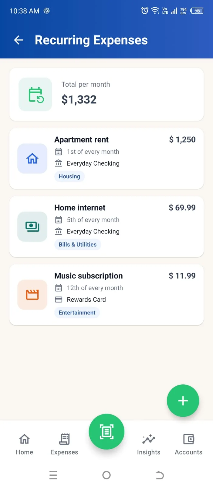 Higxel recurring expenses screen showing sample scheduled expenses